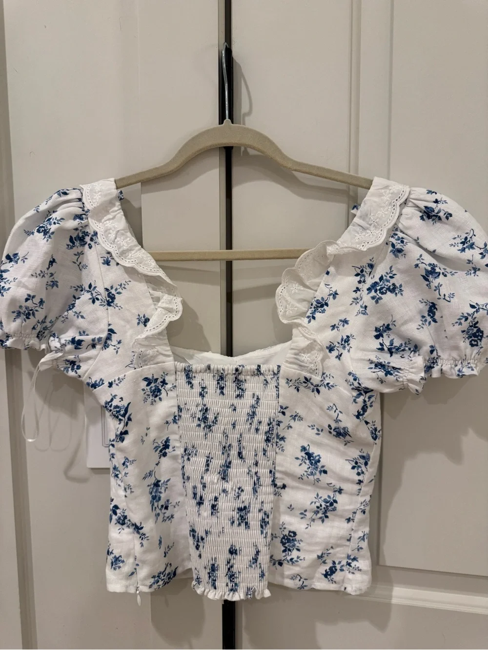 Reformation White Top with Blue Floral Print and Puff Sleeves